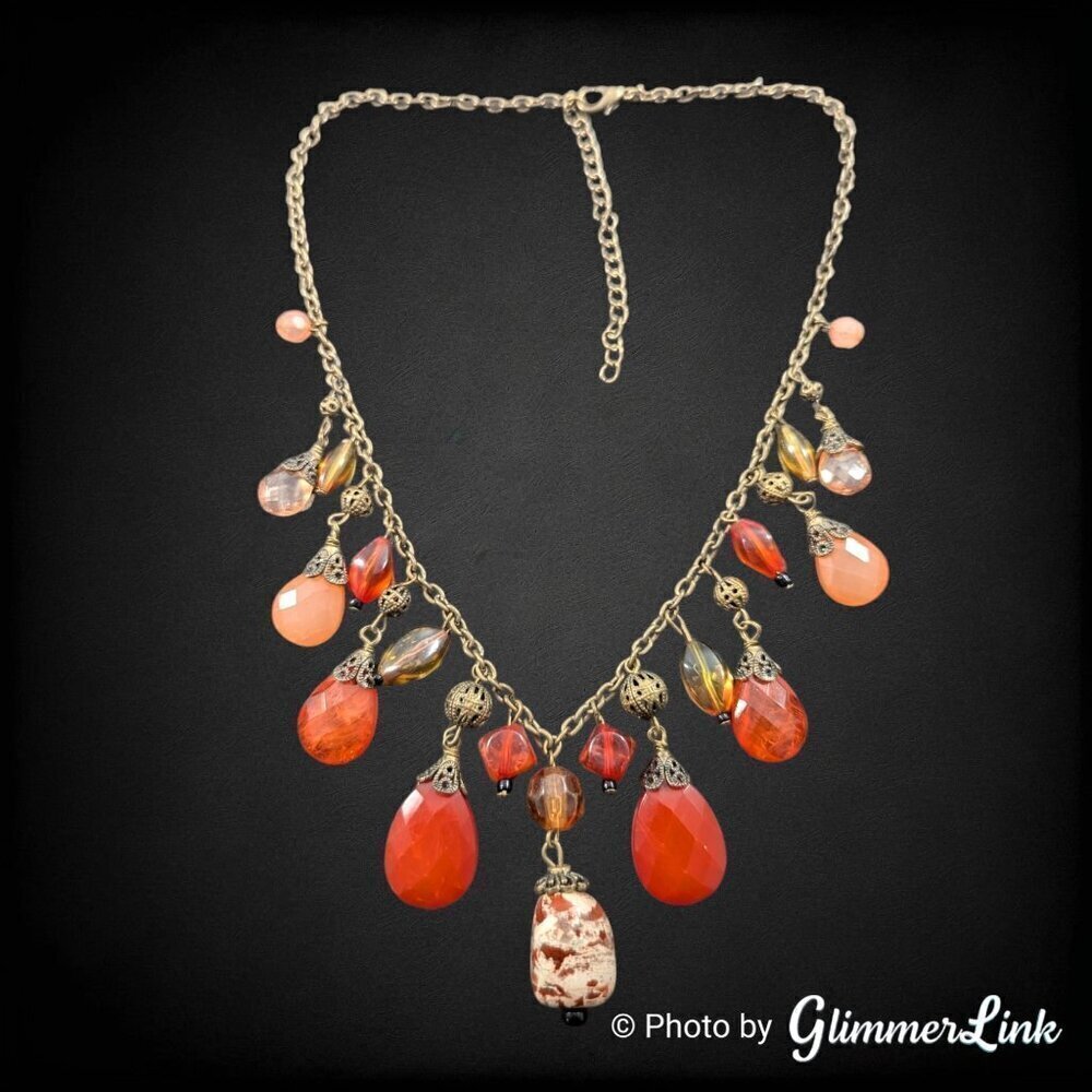 Bohemian Orange Red & Brown Beaded Brass Tone Necklace